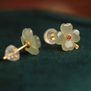 Beautiful Jade Four Leaved Flower Stud Earrings 18K Gold Plated